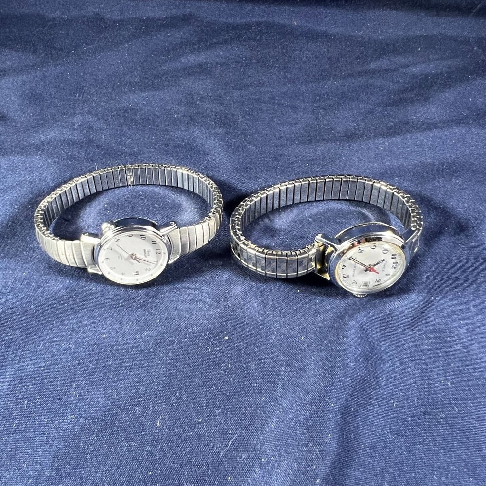 2 Timex Watches For Parts/Repair Silver Tone Stretch Band White Dial Water Resis